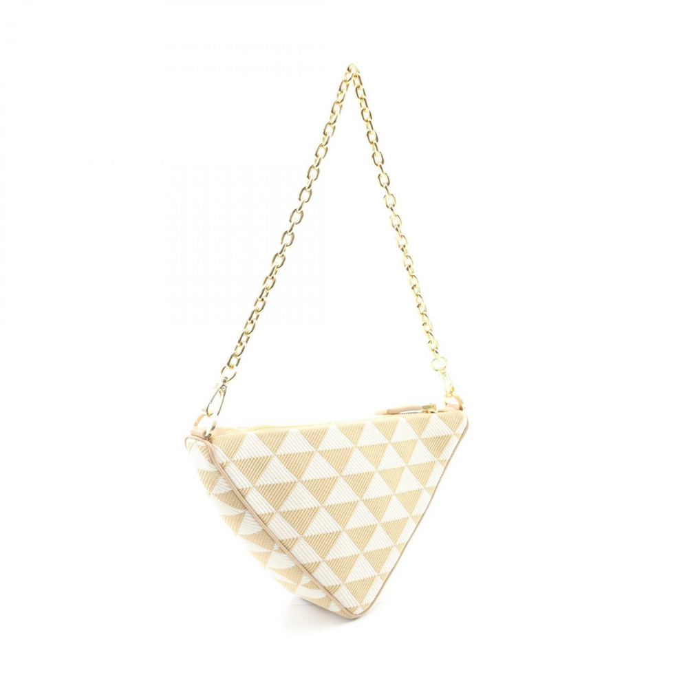 Prada TRIANGOLO JACQU Triangle Shoulder Bag Canvas Leather White Beige